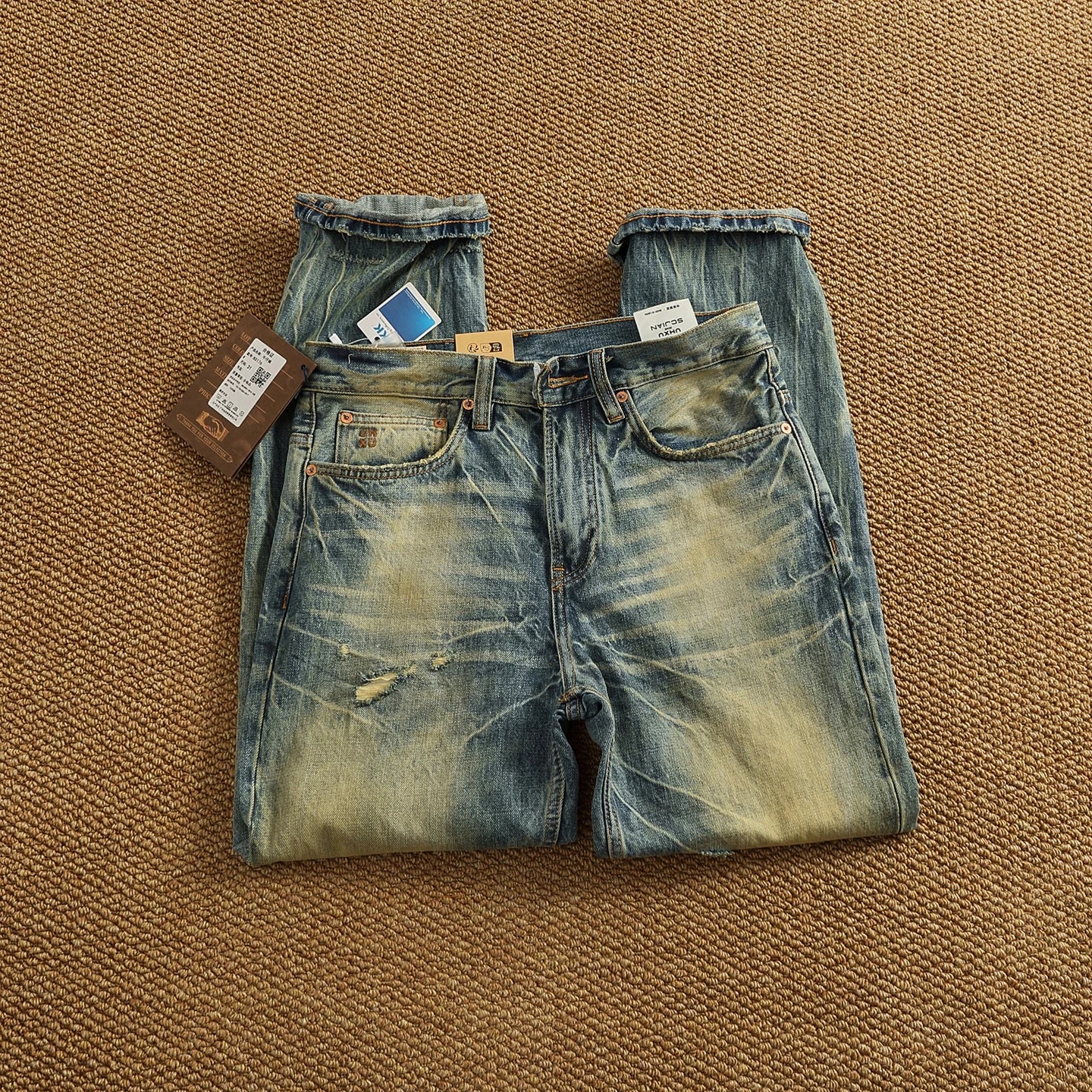 2025 Autumn New American Retro Heavyweight Ripped Denim Men's Fashion 100% Cotton Washed Old Straight Tapered Casual Jeans
