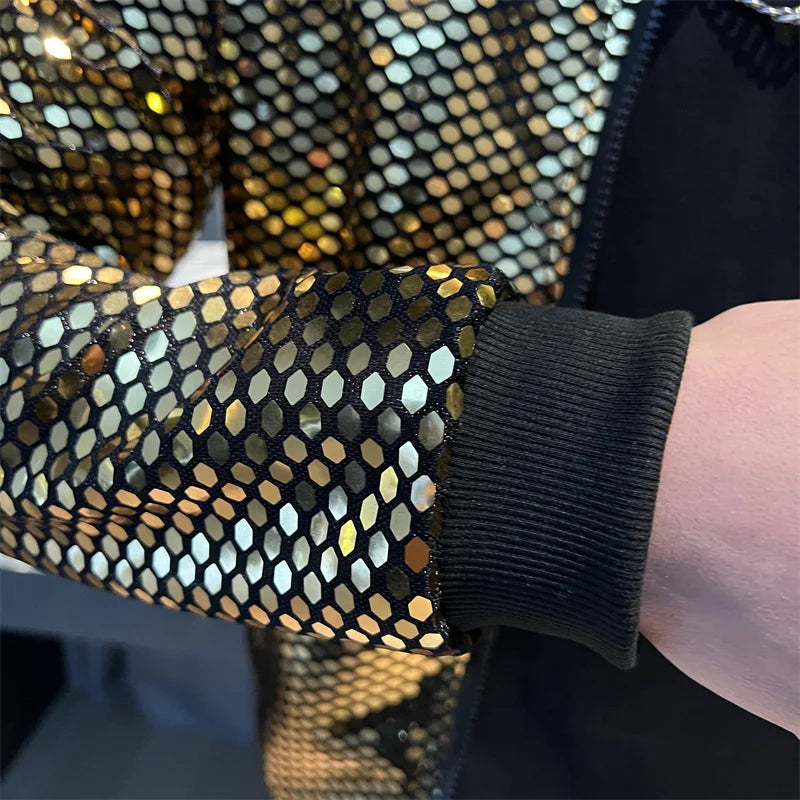 Y2K Men's Streetwear Night Club Stage Thin Motorcycle Jackets Fashion Men Hip Hop Sequined Bombers Jacket Coat Fashion Clothing