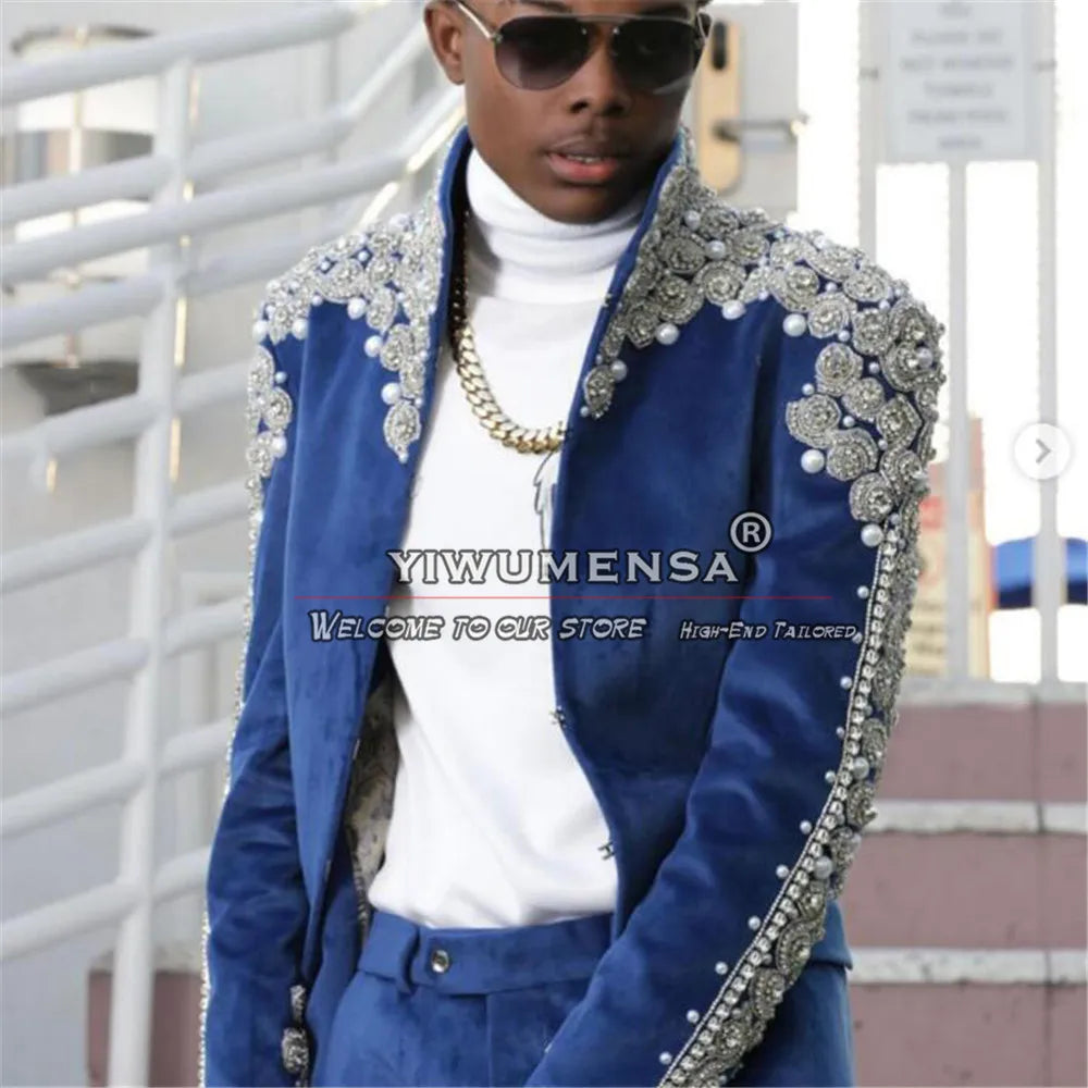 Luxury Crystals Beaded Suits Men Italian Design Jacket Pants 2 Piece Set Groom Wedding Tuxedos Customized Terno Masculinos 2026