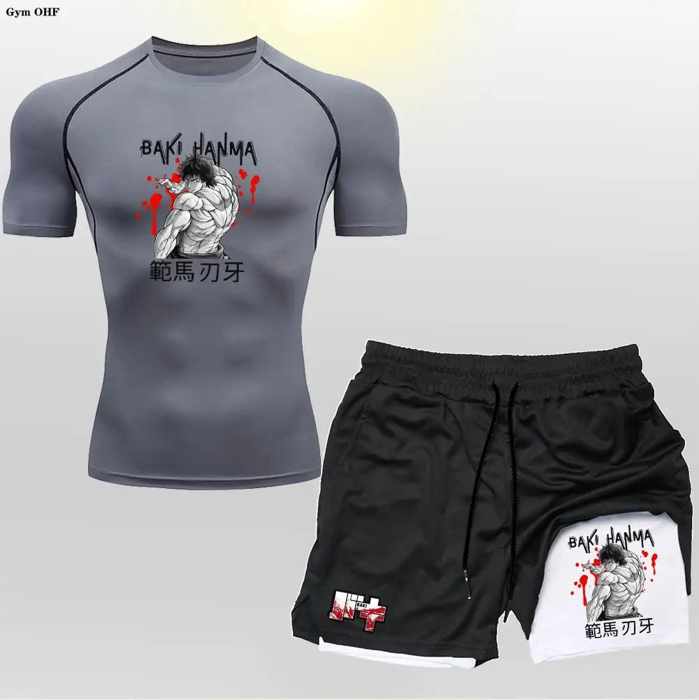 Anime Baki Sport Suits Runing Compression Shirt Shorts Sets Gym Fitness Jogging Training Rashguard Sportwear 2 in 1 Mens