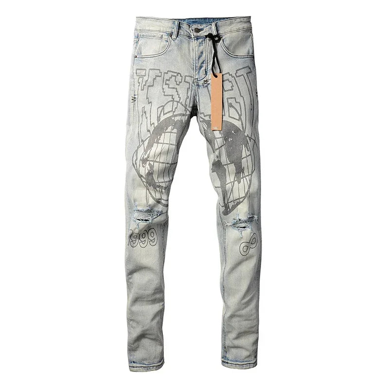 Men's High Street KSUBI Distressed Faded Blue Stretch Skinny Pattern Printing High Quality Button Fly Ripped Jeans Pants
