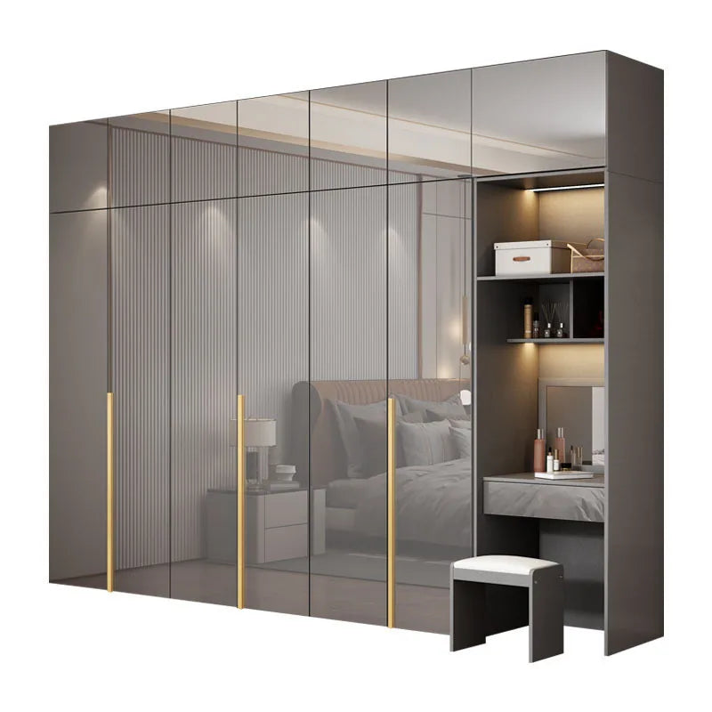 Light Luxury Minimalist Eco-friendly Glossy Wooden Wardrobe Five or Six Door Large Rental Cabinet for Home Bedroom