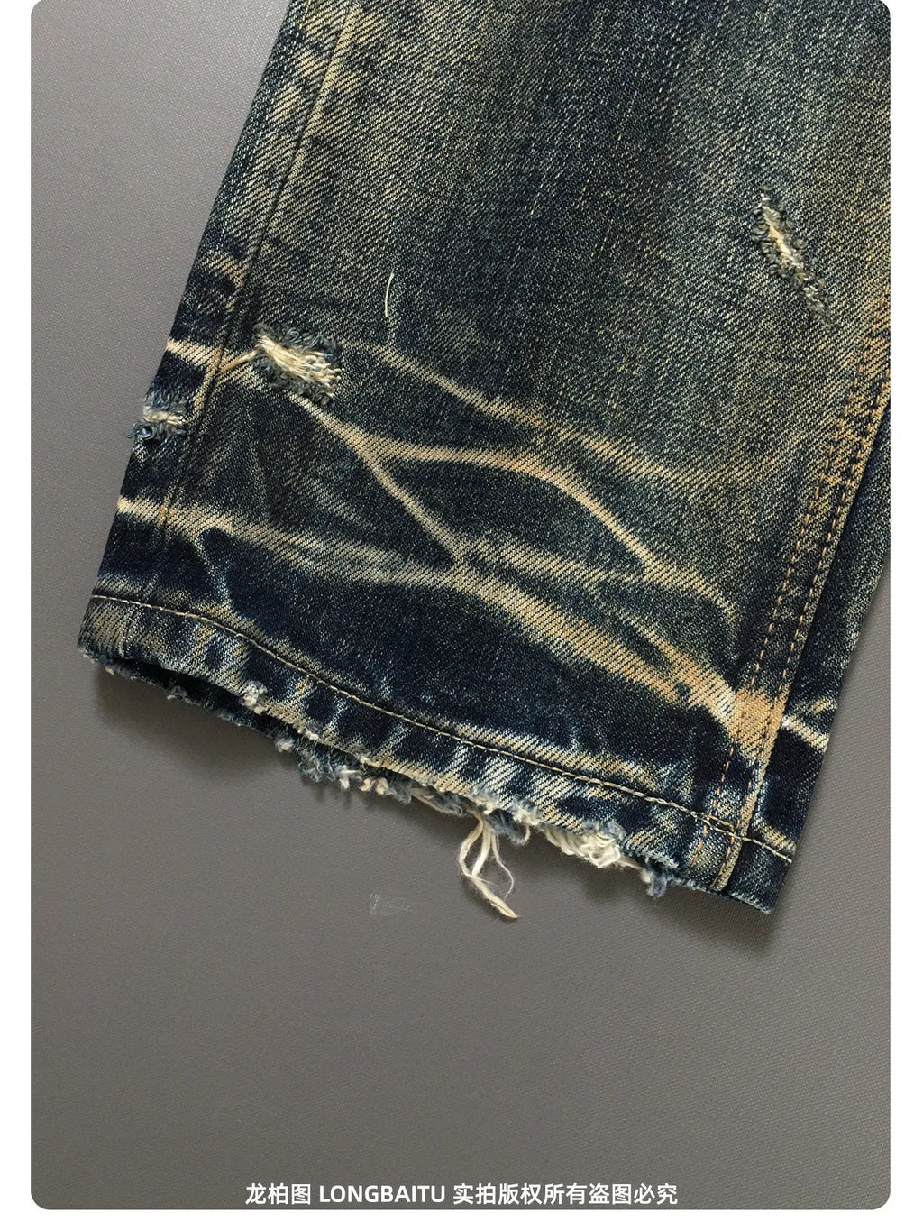 Heavyweight American Retro 100% Cotton Jeans for Men High-Street Ripped and Patched Non-Stretch Premium Loose Straight-Leg Pants