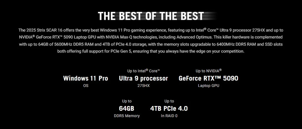 ROG Scar 16 G635 16.0inch U9-275HX 32G/1TB 5090-16G 240H 2.5K High Refresh Rate  Gaming Laptop COMPUTER