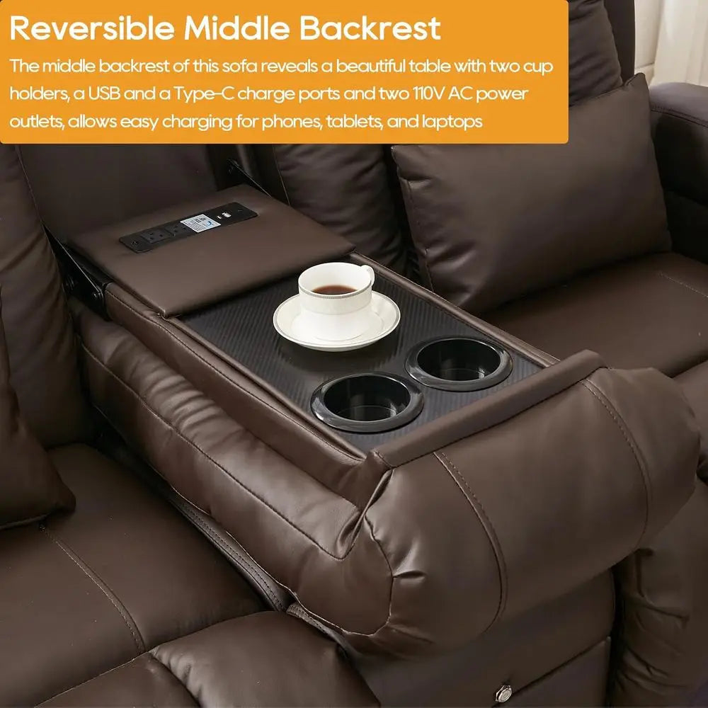 2-Seater Brown Home Theater Recliner Sofa with LED Lights, AC/USB Ports, Cup Holders, Electric Controls, Bluetooth Speaker, Mass