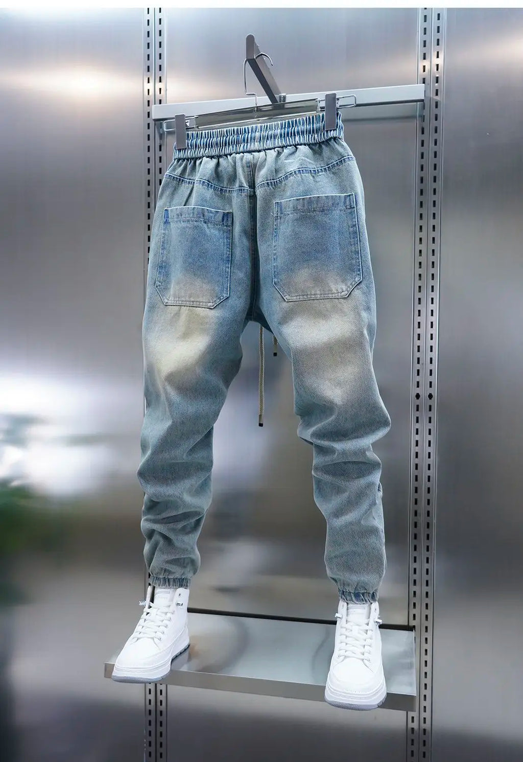 Men's distressed ripped drawstring and cuffed jeans with rivet embellishments high-street slim-fit trousers brand men clothing