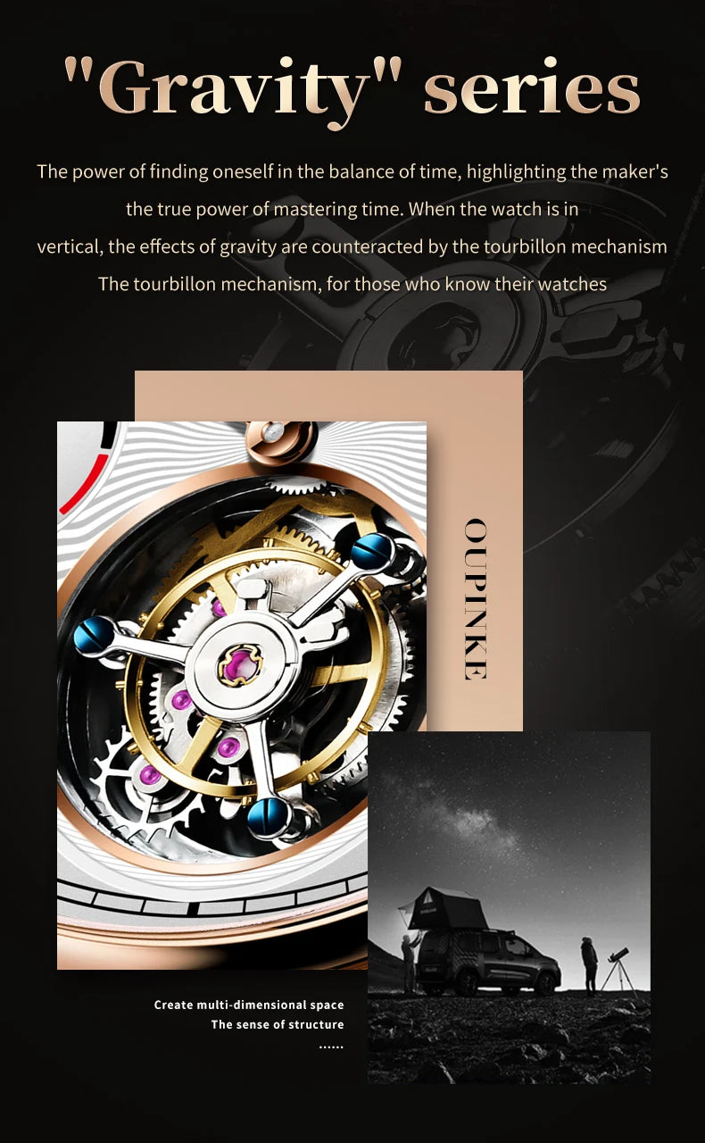 OUPINKE Men's Watch Top Luxury Fashion Original Tourbillon Mechanical Watch for Man Leather Strap Sapphire Mirror Moon Phase