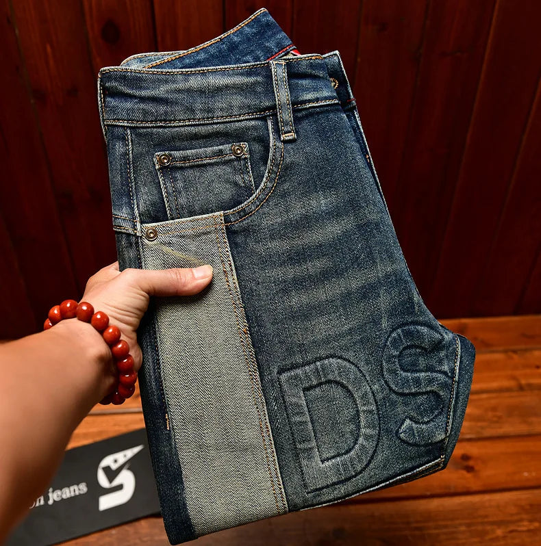 Fashionable high-end jeans for men, slim fit, small feet, washed retro patchwork design, trendy and luxurious men's pants