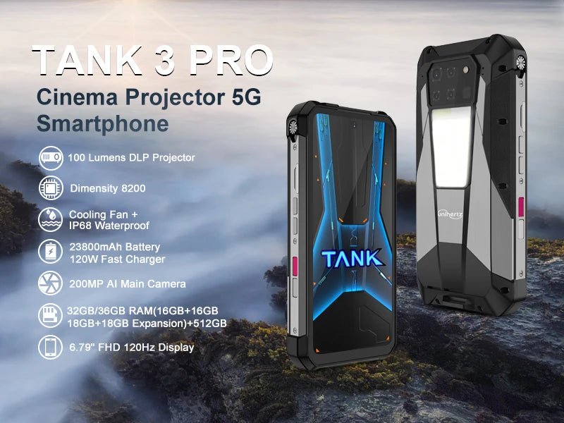 Unihertz Tank 3 Pro 8849 Rugged 5G Phone with 100 Lumens Projector Android 14 32GB 512GB 23800mAh Waterproof Phone WIFI 6 NFC