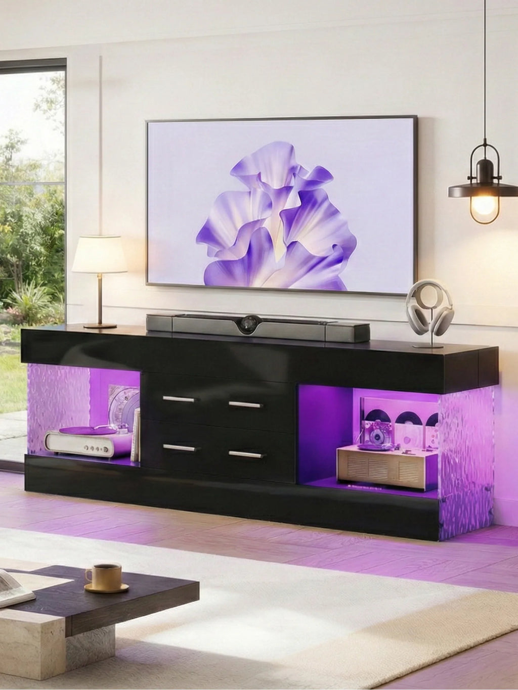 NOST&HOST Modern 60 Inch TV Stand for 65/60/55+ TV, High Gloss Black Entertainment Center with 2 Drawers & LED Lights for Living Room
