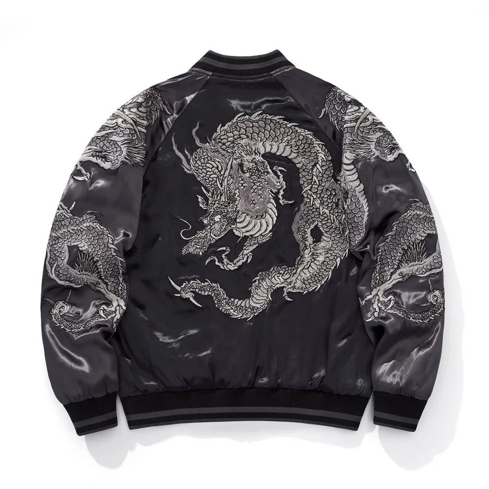 Harajuku Yokosuka Dragon Embroidered Jacket Autumn Street Hip Hop Men's Green Sleeve Japanese Coat