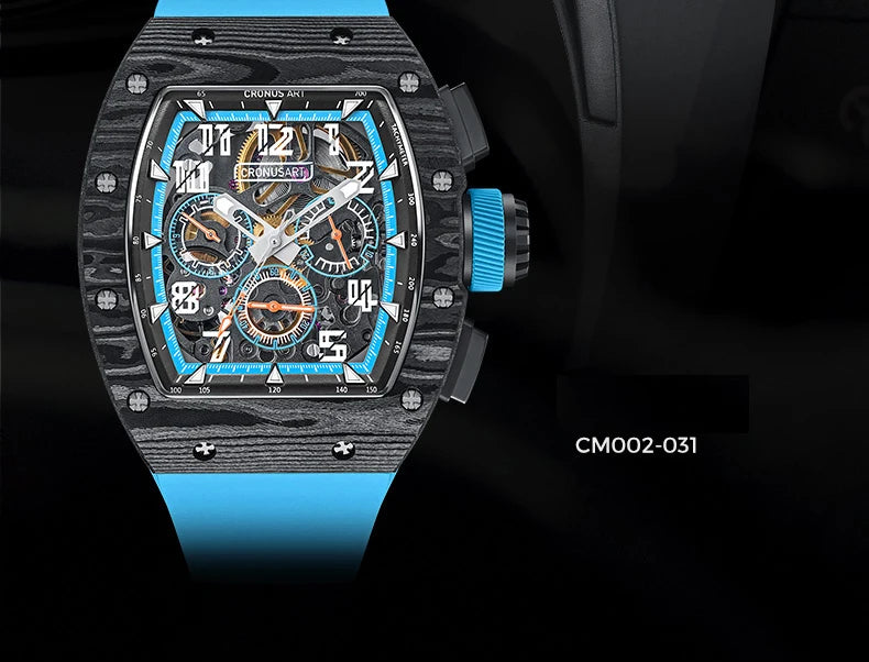 CRONUSART Men Automatic Watch 50MM Chronograph Tonneau Mechanical Wristwatch Sport Carbon Fibre Case Luminous Fluororubber Strap