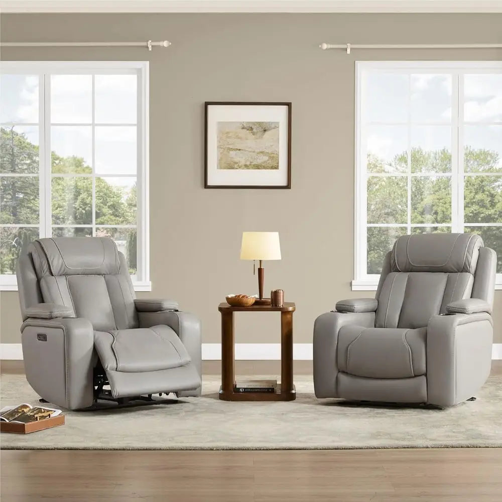 Oversized Genuine Leather Electric Recliner Chair with Power Adjustable Rest and Lumbar Support, Hidden Storage, Light Grey for