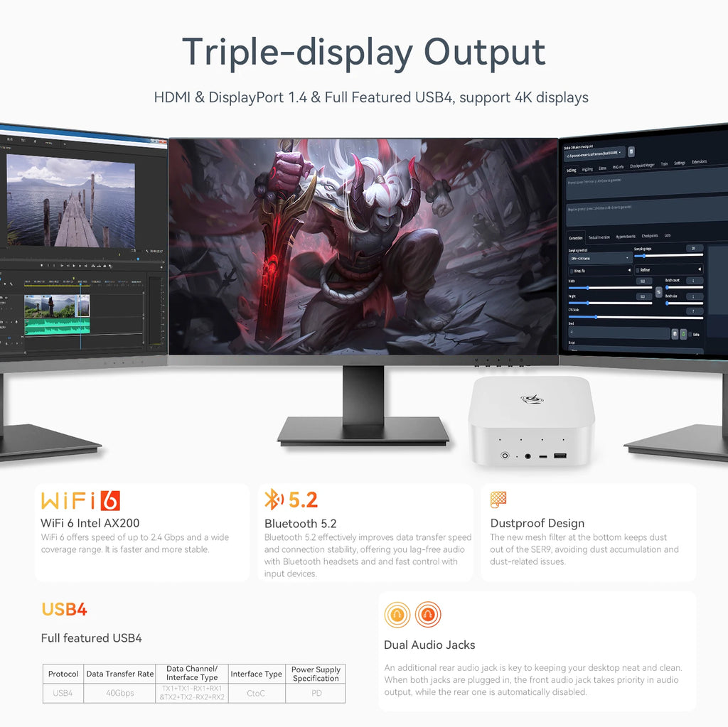 Beelink SER9 Pro AMD Ryzen AI 9 HX 370 / R7 H255 Powerful AI PC LPDDR5X 8000MHz Mini Gaming PC NVMe SSD Desktop Gamer Computer