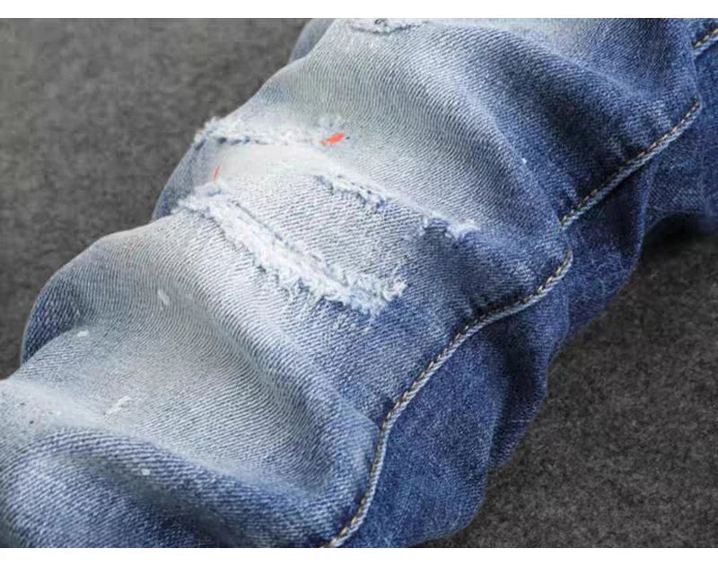 Fashionable new jeans washed with nostalgia, stretchy, slim fit, light blue, men's ripped patch jeans, high street hip-hop pants