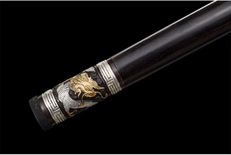 Medieval Staff Sword Folded Steel Damascus Blade Sharp Real Ebony Wood Scabbard Walking Stick Gold Silver Plating Dragon Katanas