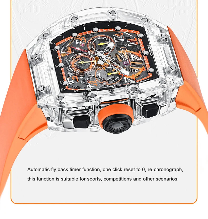CRONUSART Men Chronograph Watch Tonneau Mechanical Wristwatch Sapphire Case & Mirror Luminous FKM Strap Skeleton Dial