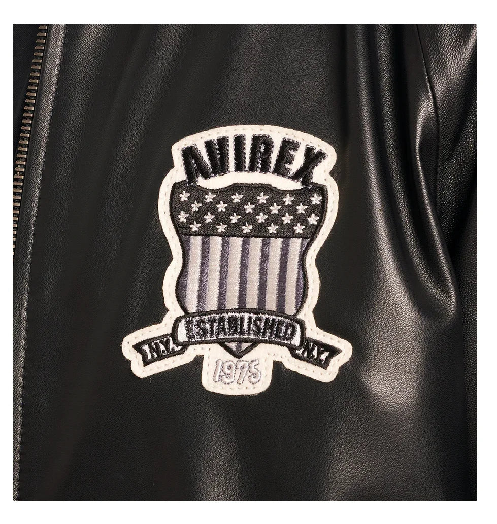 Leather Track Stand Collar Baseball Soft Nappa Sheepskin Sports coat Avirex Icon Appliqué Embroidery Men Genuine Leather Jacket