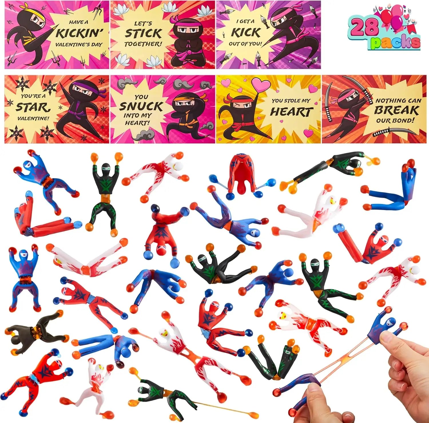 JOYFY 30 Pcs Valentines Day Sticky Wall Climbing Men Ninja with Gifts Cards Stress Relief Toys for Kids Valentines Party Favor