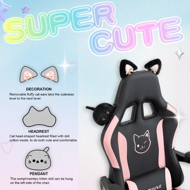 Cute Gaming Chair with Cat Ears Footrest Pink Kawaii Computer Chair Ergonomic High Back Gamer Seat with Cat Paw Lumbar Support