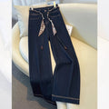 2025 Autumn New Denim Blue Wide Leg Women's Jeans Super Popular Pants with Silk Scarf Belt Fashion Straight Trousers