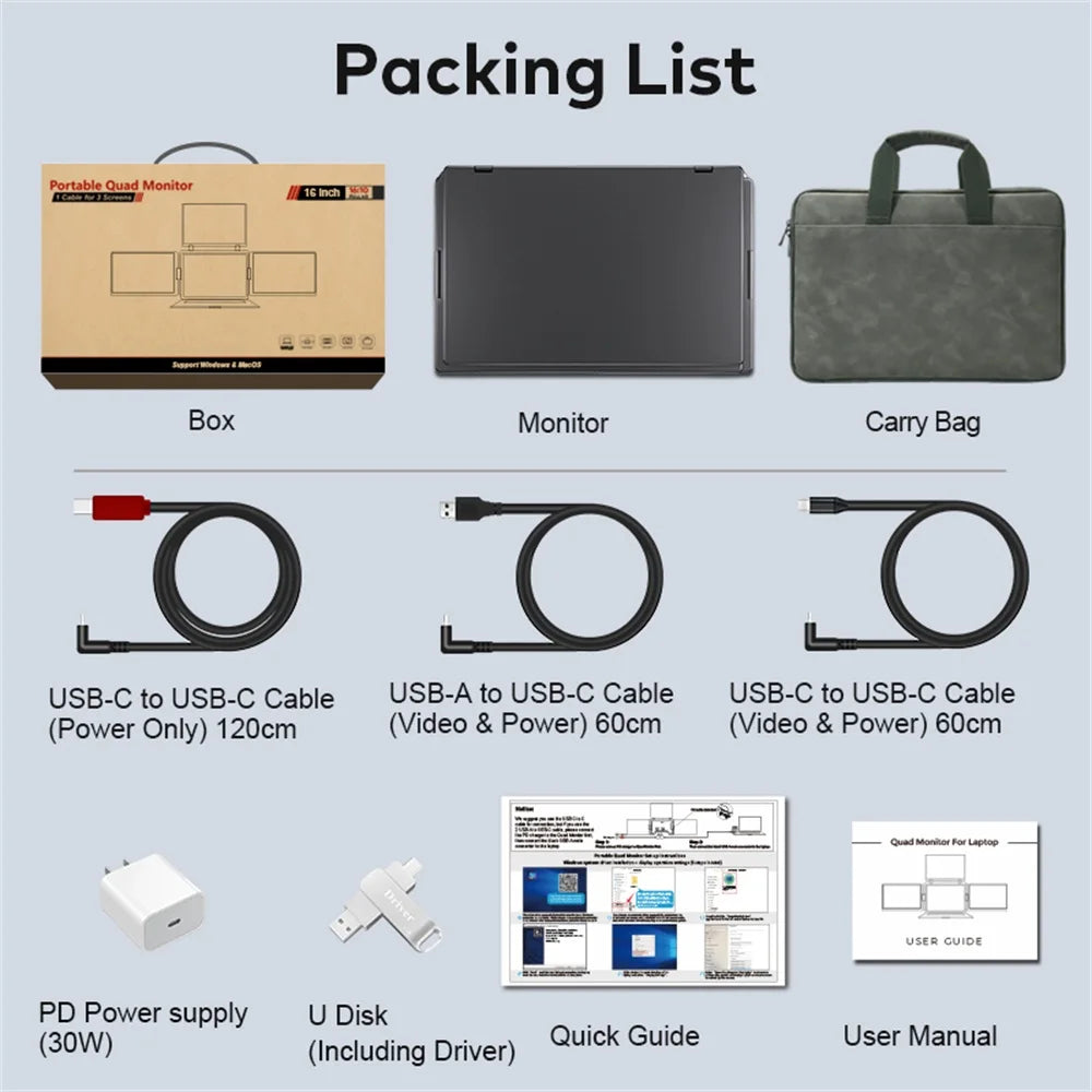 16 Inch Portable Triple Screen LCD Backlit Monitor FHD Display Secondary Extender for Notebook with Single Cable Connection