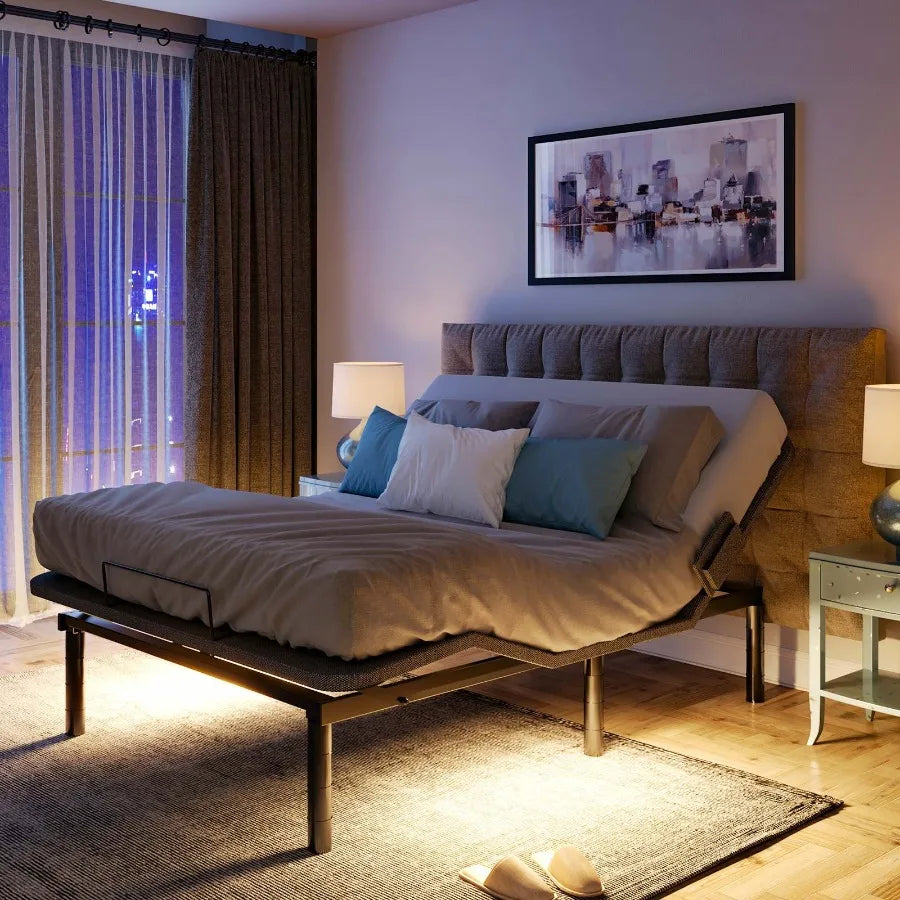 Black dual-motor adjustable electric bed with 9-key remote control Easy Assembly Queen size bed frame