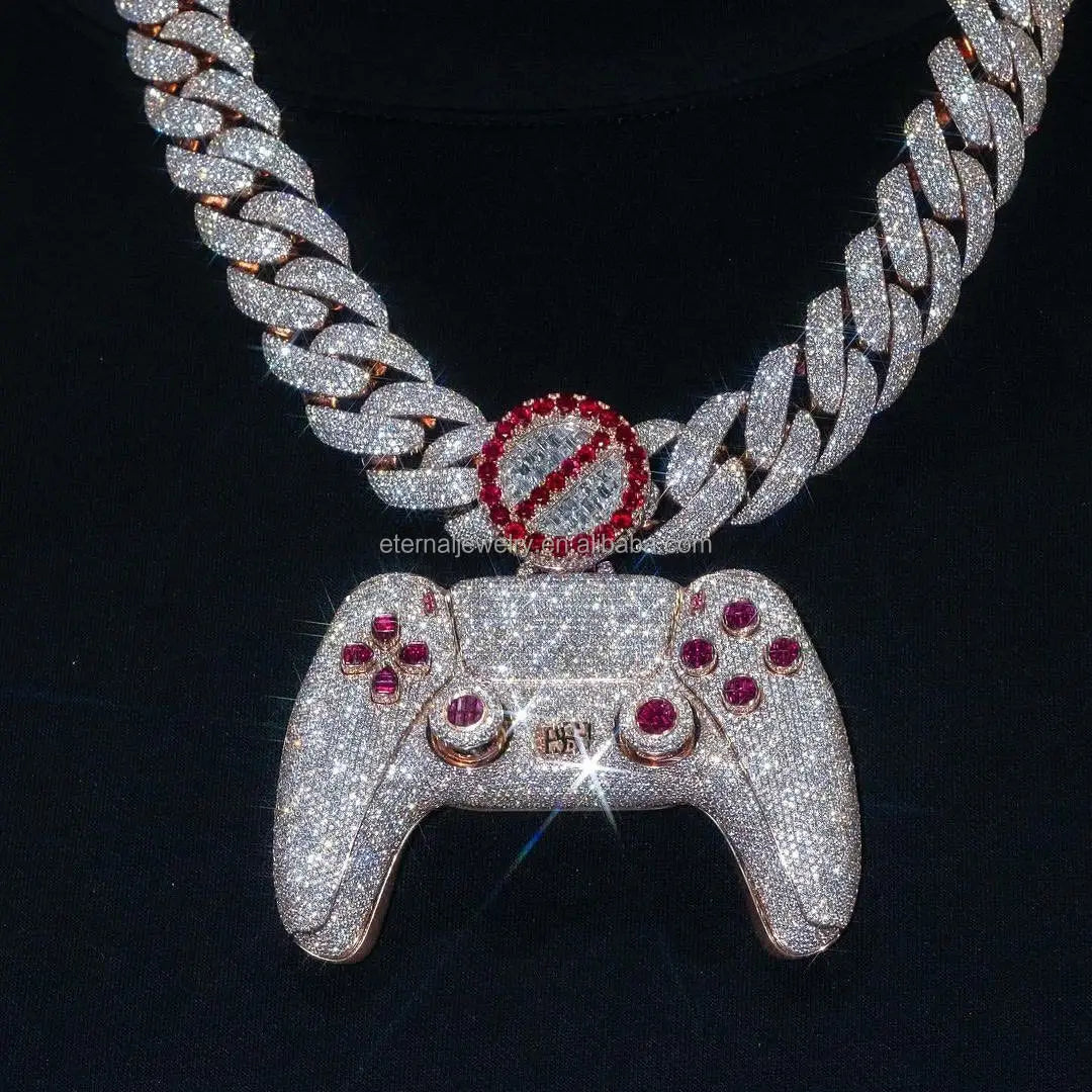 Full Zircon Iced Out Gaming Controller Pendant – 3D Realistic Gamepad with Red Gem Buttons & Crown Detail