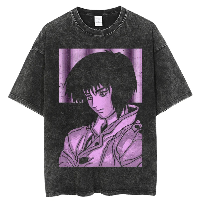 2024 Anime Ghost in the Shell Washed T-shirts Mens Clothing Graphic Manga Harajuku Tees Unisex Summer Top Male Streetwear