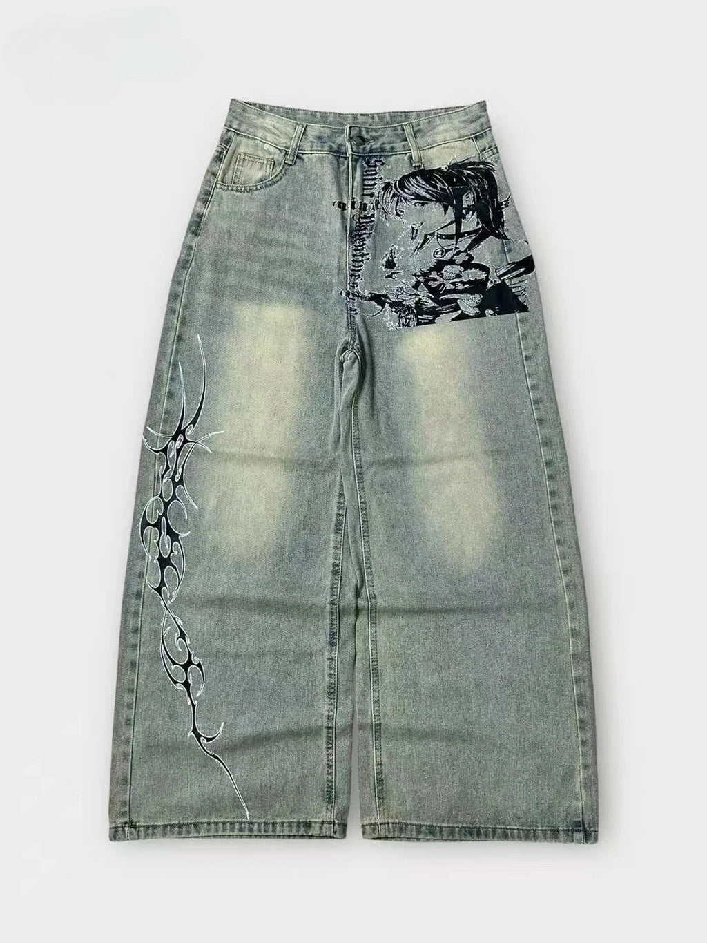 Y2K Vintage Print Baggy Jeans Unisex Harajuku Streetwear Wide Leg Denim Pants Anime Graphic Hip Hop Loose Fit