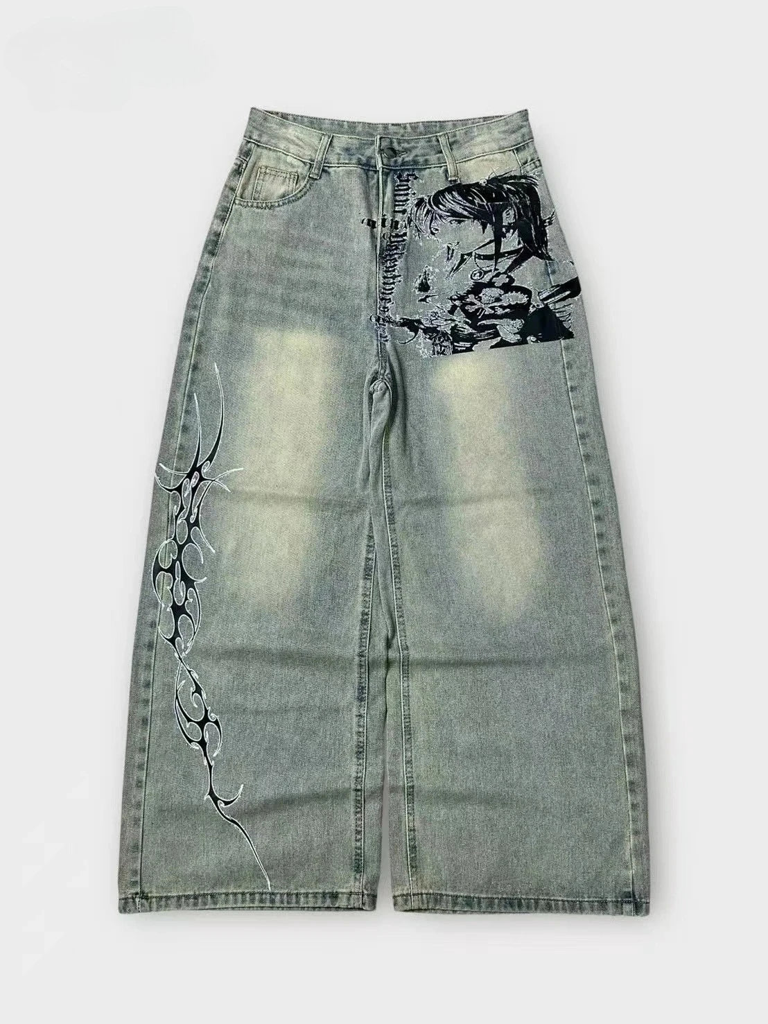 Y2K Vintage Print Baggy Jeans Unisex Harajuku Streetwear Wide Leg Denim Pants Anime Graphic Hip Hop Loose Fit