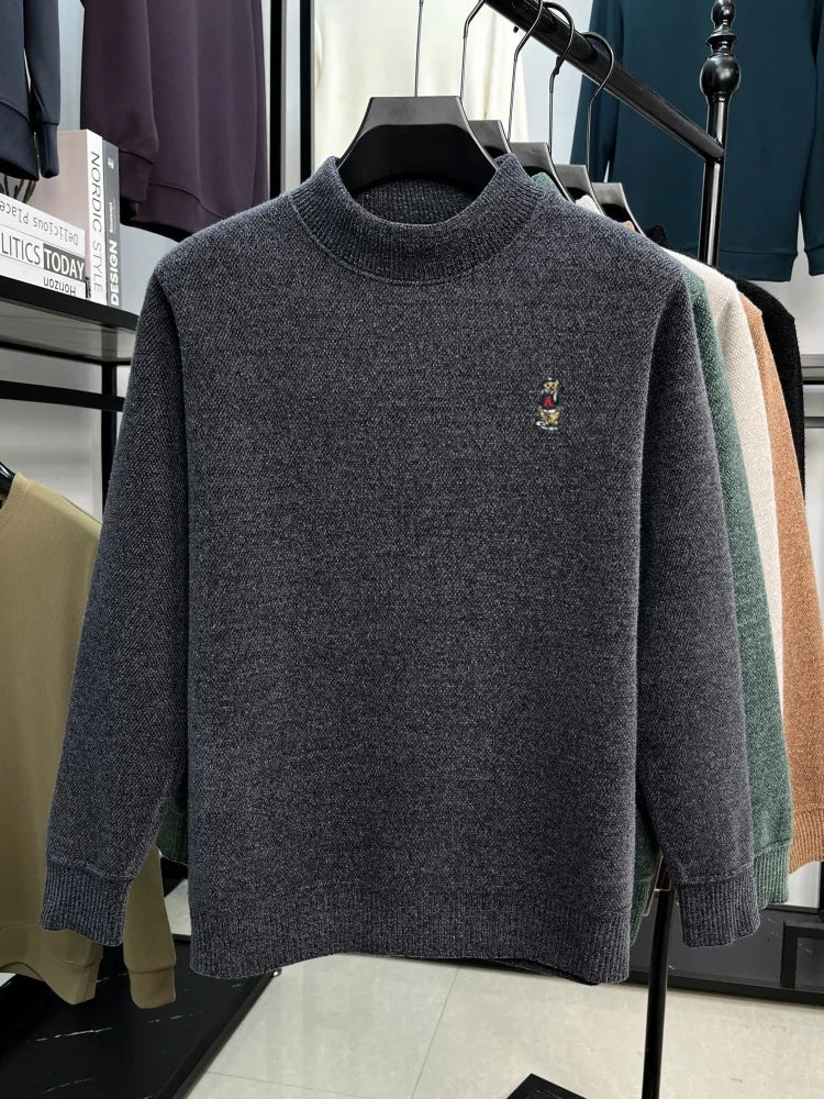Fashion cartoon teddy bear embroidery knitted sweater high neck pullover luxury brand plush warm autumn winter casual men's wear