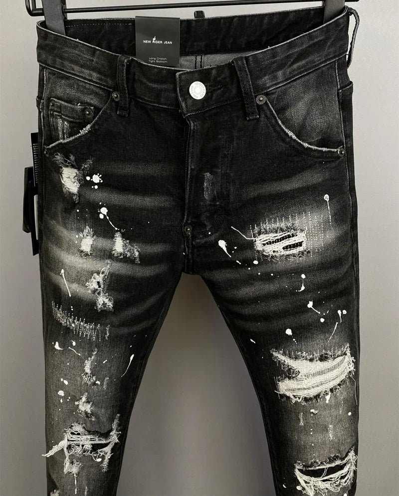 ICON BRAND D2 Men Jeans Denim Pants Hole Slim Pencil Trousers Metal Buttons Party Classics Fashionable Black DSQ2 JENAS
