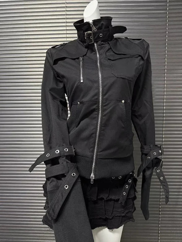 Retro Gothic Style Jackets for Women Japanese Cool Black Stand Up Collar Motorcycle Jackets 2025 Autumn New Harajuku Clothes