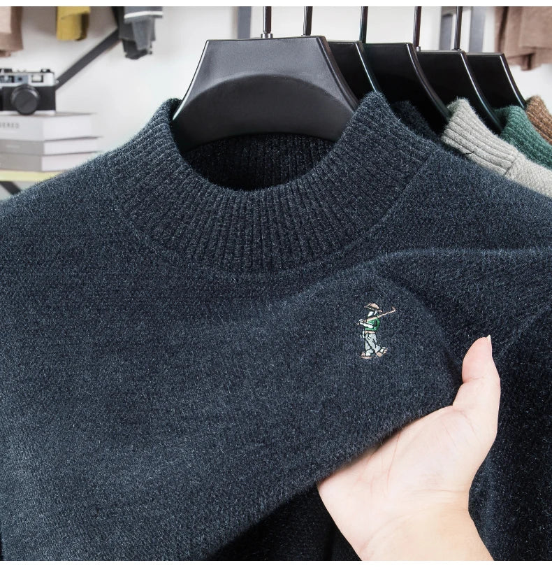 Luxury brand men's round neck knitted sweater fashion cartoon embroidery comfort warm plush autumn winter casual golf pullover