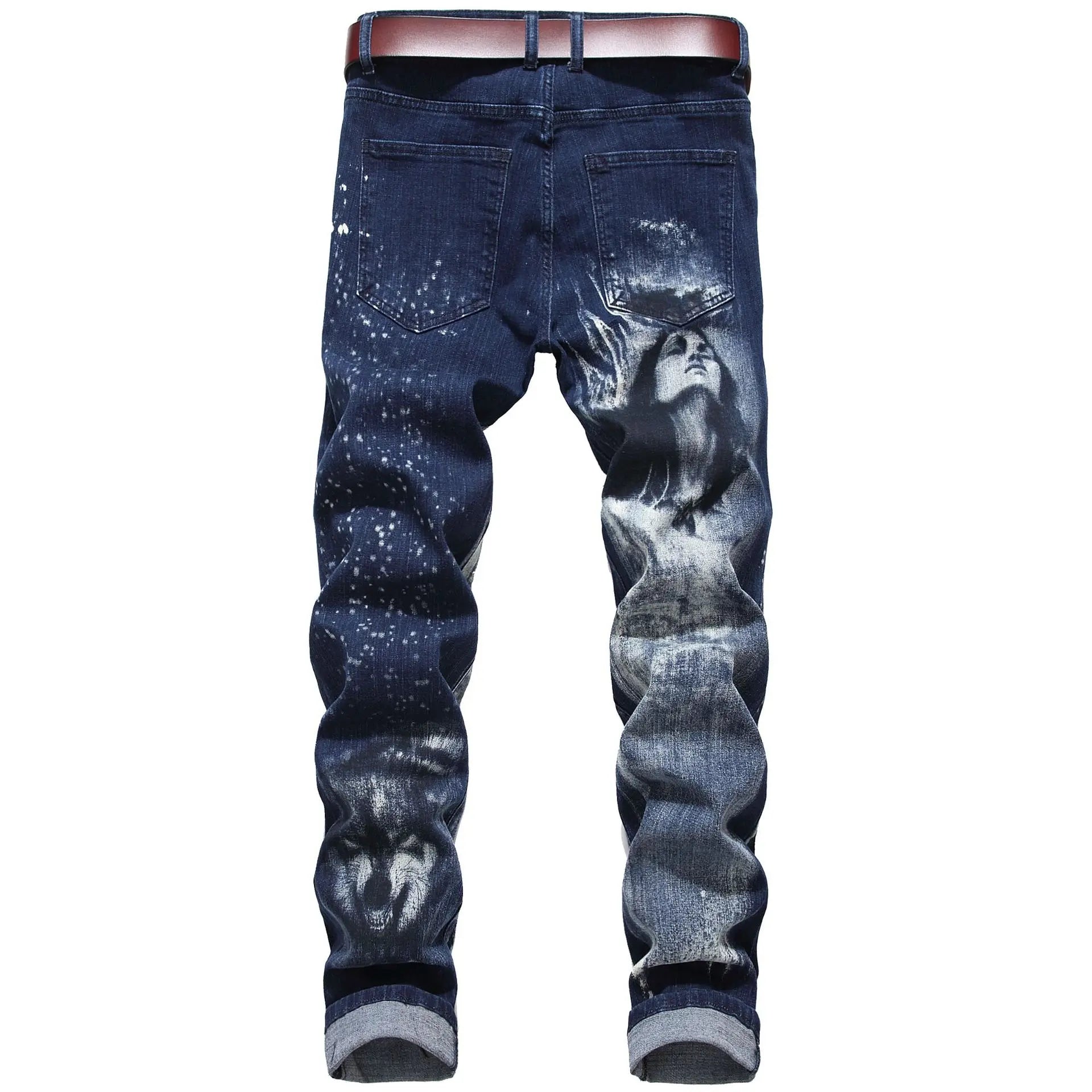2026 Men's Blue 3D Printing Jeans, Black Wolf Pattern Printed Punk Straight Cotton Casual Print Denim Pants Asian Size 28-42