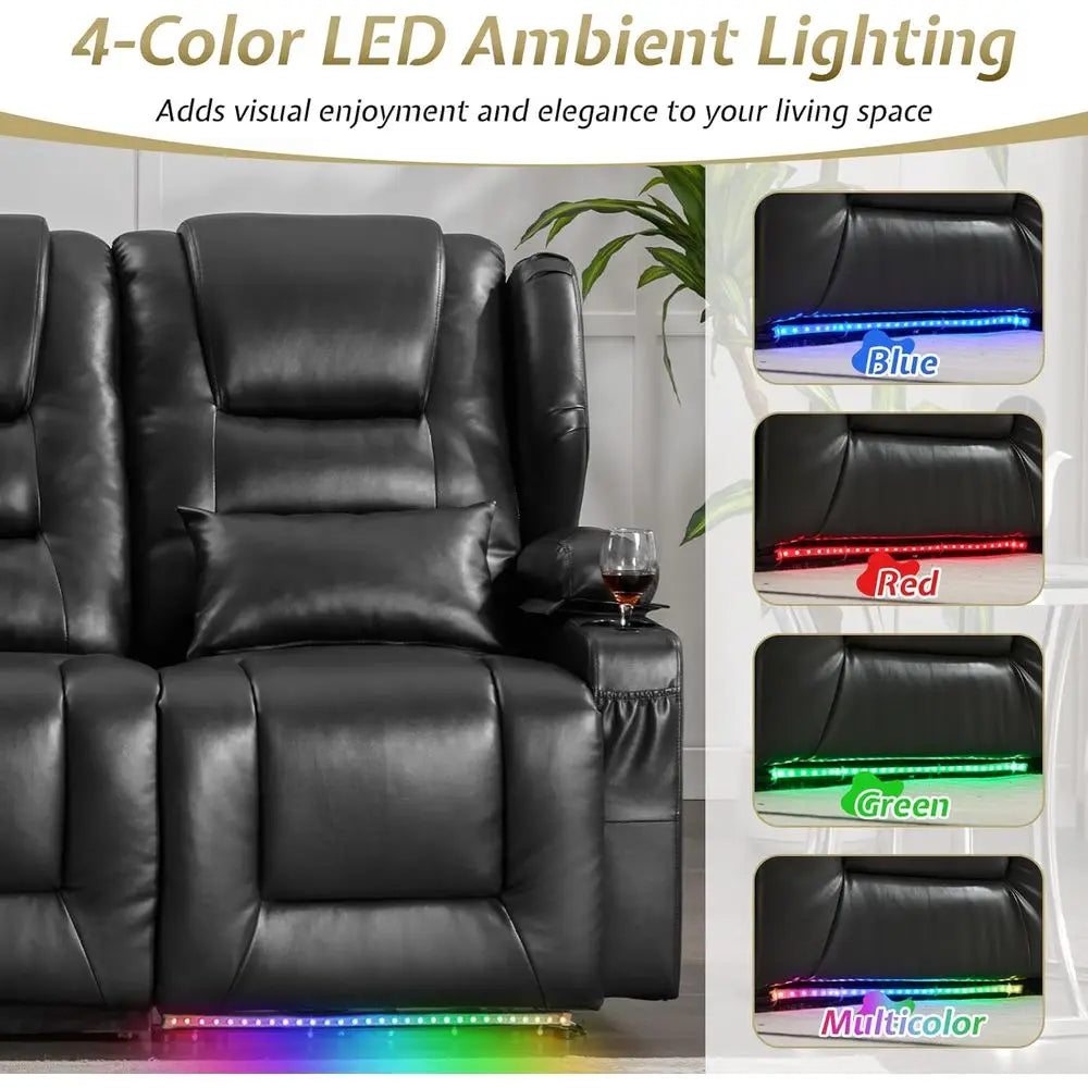 Adjustable Split Back Reclining Loveseat with Storage, Cup Holders, LED Lighting - Black Auxiliary Leather Home Theater Seating