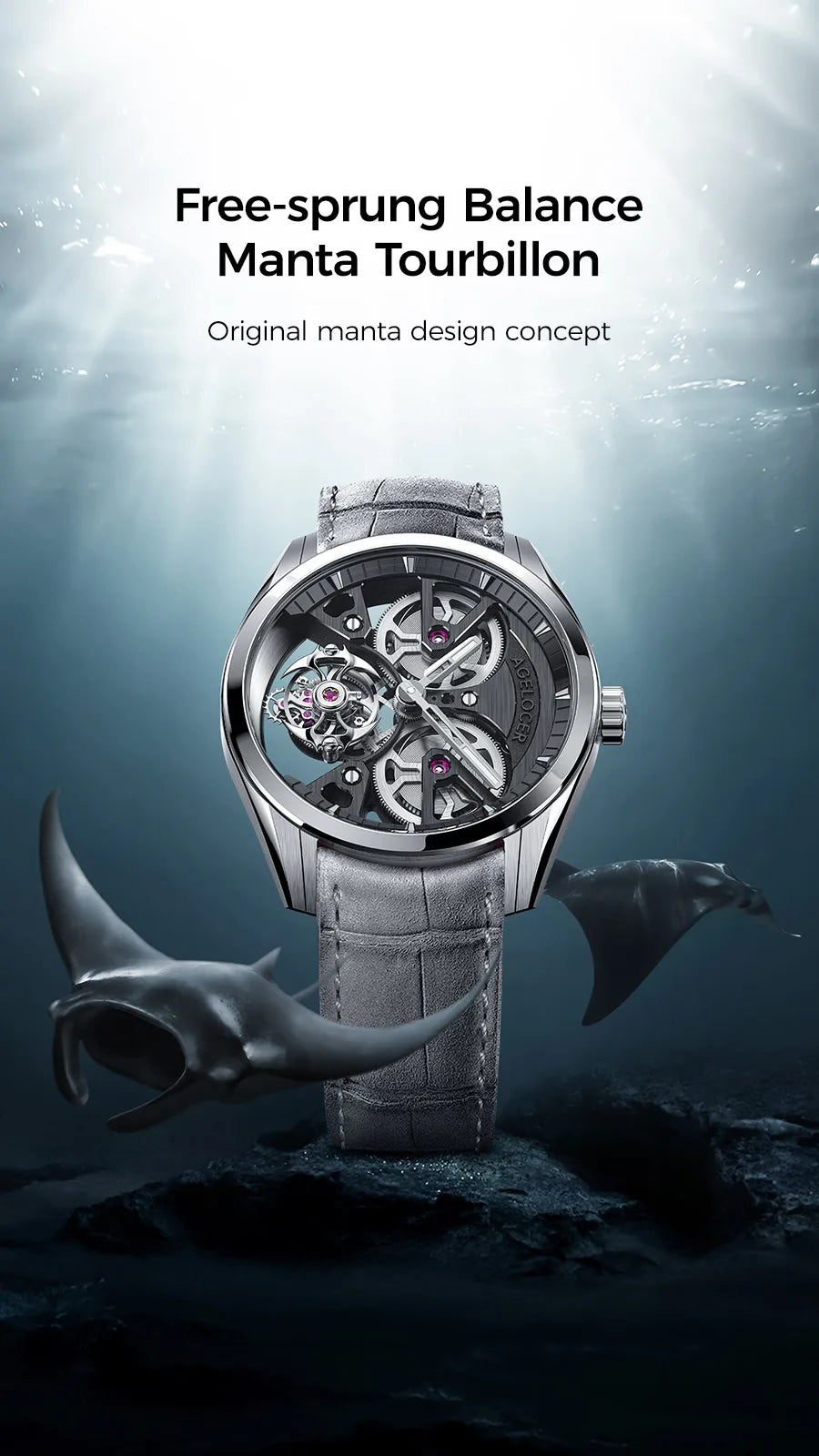 AGELOCER Free-sprung Balance Manta Tourbillon Watch Gold Watch Men's Luxury Skeleton Manual Mechanical Watch Gifts for Men