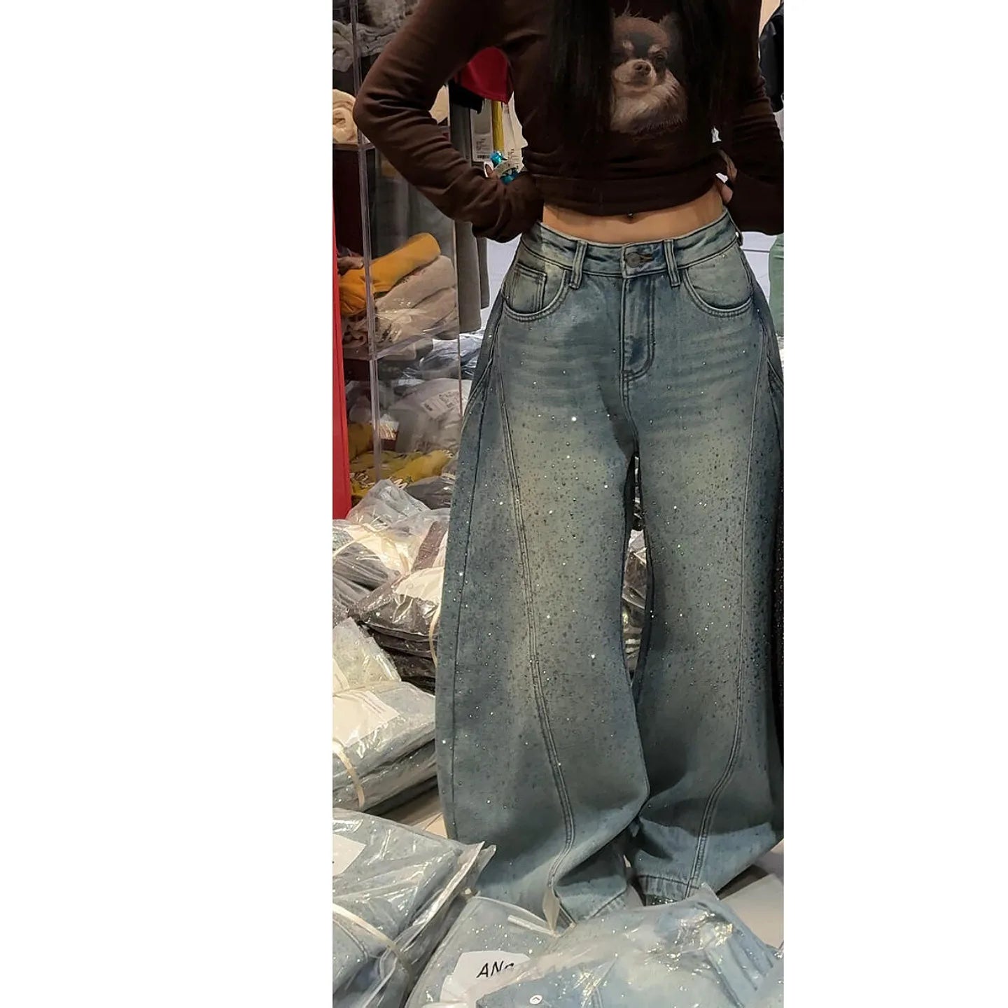 Glittering Rhinestone Denim Pants for Women's New Wide Leg Design Jeans Sensation Floor-Length Pants Loose Jeans