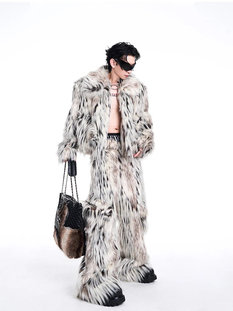 Mauroicardi Autumn Winter Long Colorful Thick Warm Hairy Fluffy Faux Fur Wide Leg Pants Men Pockets Runway Fashion Streetwear