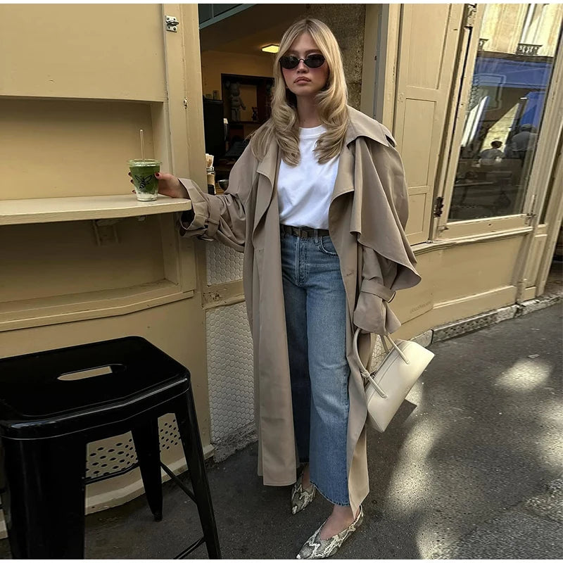 Solid Lace Up Long Trench Coat Women Fashion Full Sleeve Lapel Single Breasted Loose Outerwear 2026 Lady Spring High Street Coat
