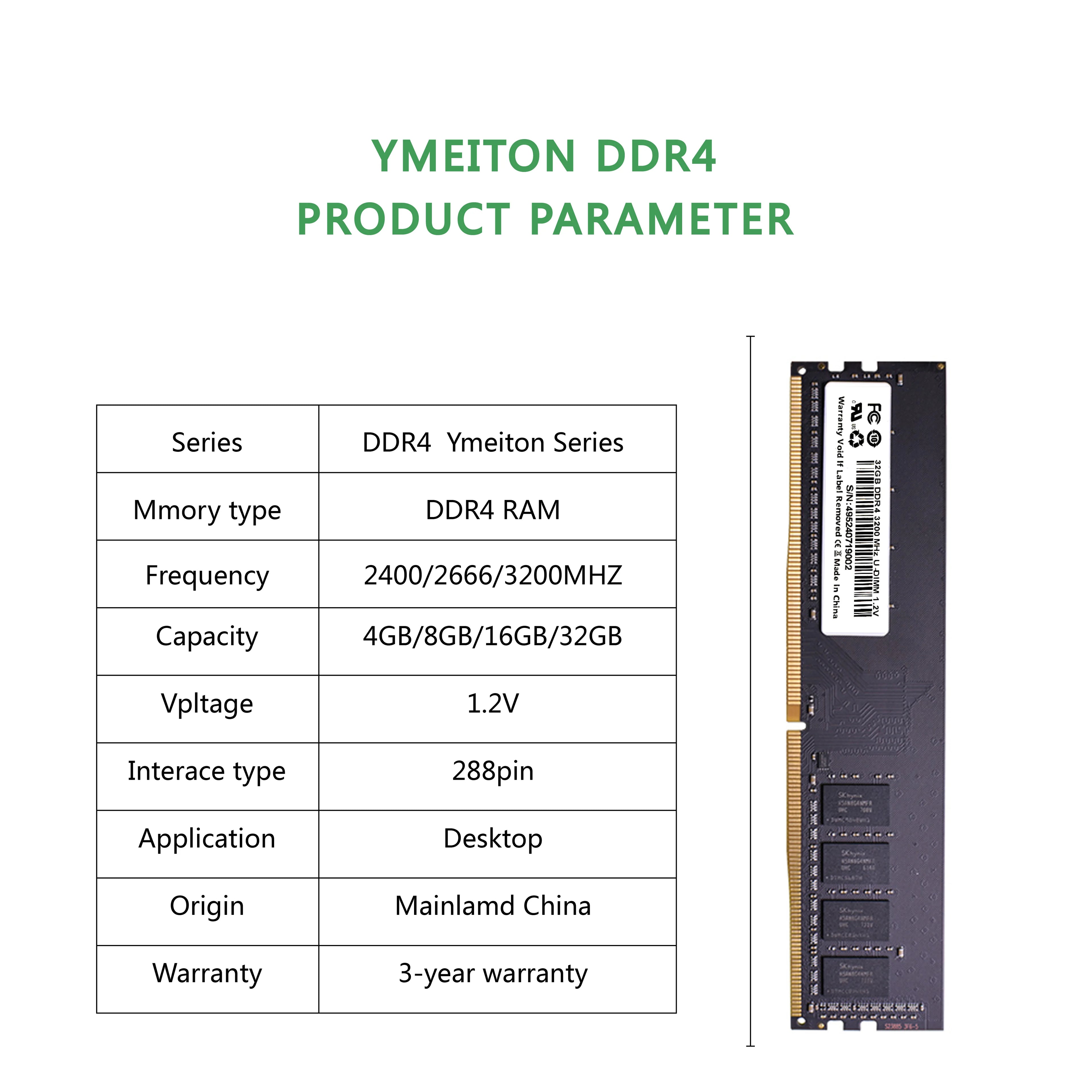 Ymeiton PC DDR4 Desktop memory cards memoriam 2400MHz 2666MHz 4GB 8GB 16GB 32GB U-DIMM RAM 288pin Desktop memory wholesale