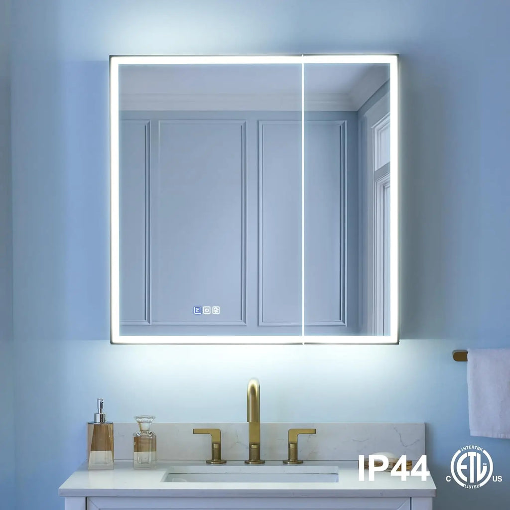 30" X 30" LED Mirrored Medicine Cabinet, Medicine Cabinets with Lights for Bathroom, Defogging Function Mirror, Customized