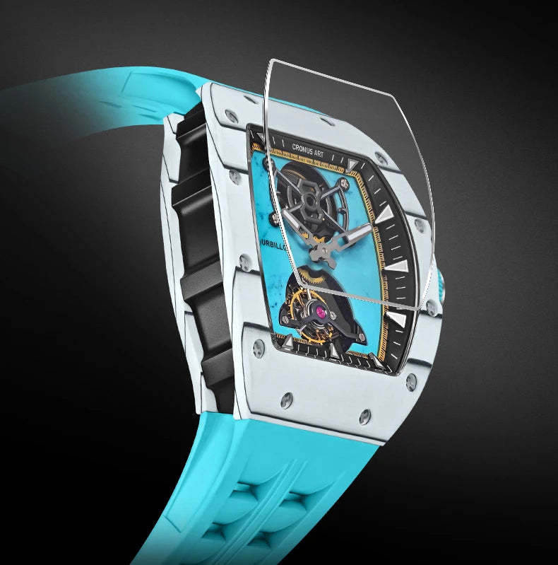 CRONUSART Men Tourbillon Watch 50mm Tonneau Mechanical Wristwatch Carbon Fiber Case & Dial Luminous Sapphire Mirror