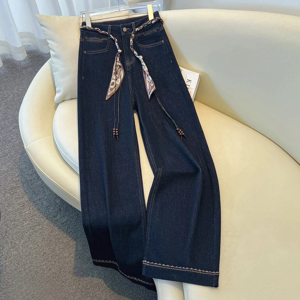 2025 Autumn New Denim Blue Wide Leg Women's Jeans Super Popular Pants with Silk Scarf Belt Fashion Straight Trousers