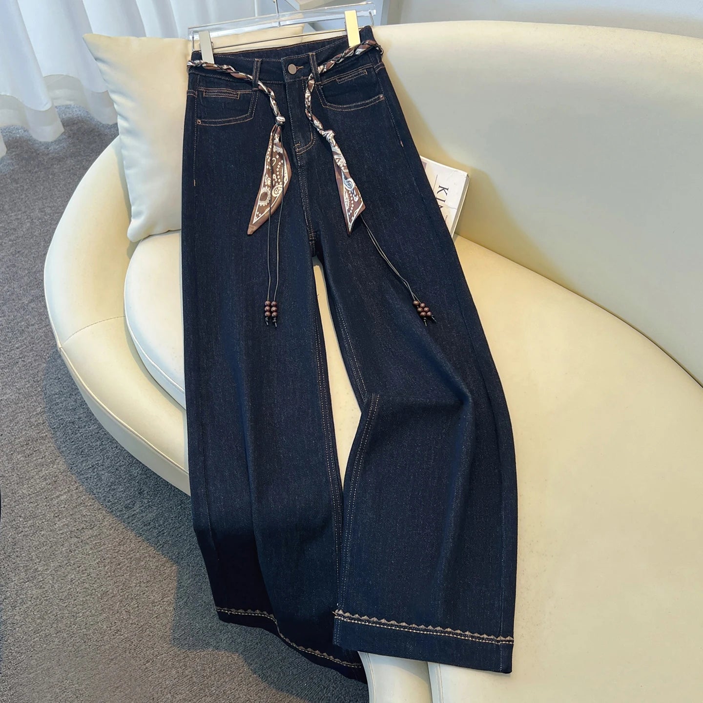2025 Autumn New Denim Blue Wide Leg Women's Jeans Super Popular Pants with Silk Scarf Belt Fashion Straight Trousers