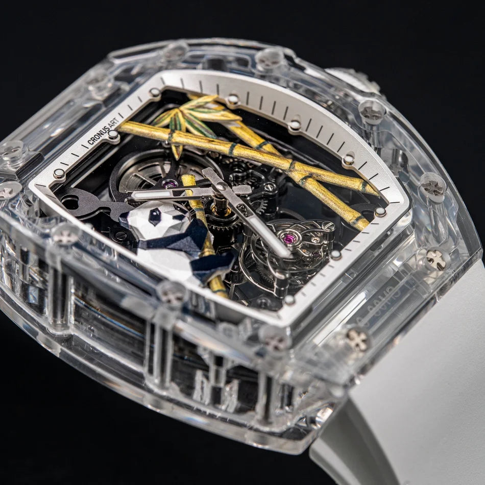 CRONUSART Men Tourbillon Watch 50mm*42mm Tonneau Sapphire Case Mechanical Wristwatch Fluororubber Strap Skeleton Panda Dial