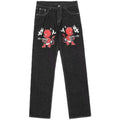 Y2K Vintage Loose Denim Pants Black Japan Cartoon Pattern Embroidered Jeans Women Wide Leg High Waist Streetwear Men Jeans