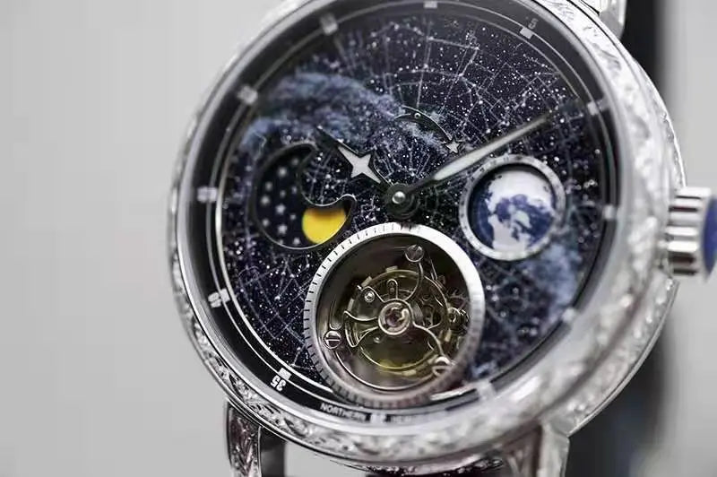 Super Mens Automatic Tourbillon Mechanical Watch Milky Way 3D Rotate Earth Moonphase Business Male Wrist Watches Luminous Dial