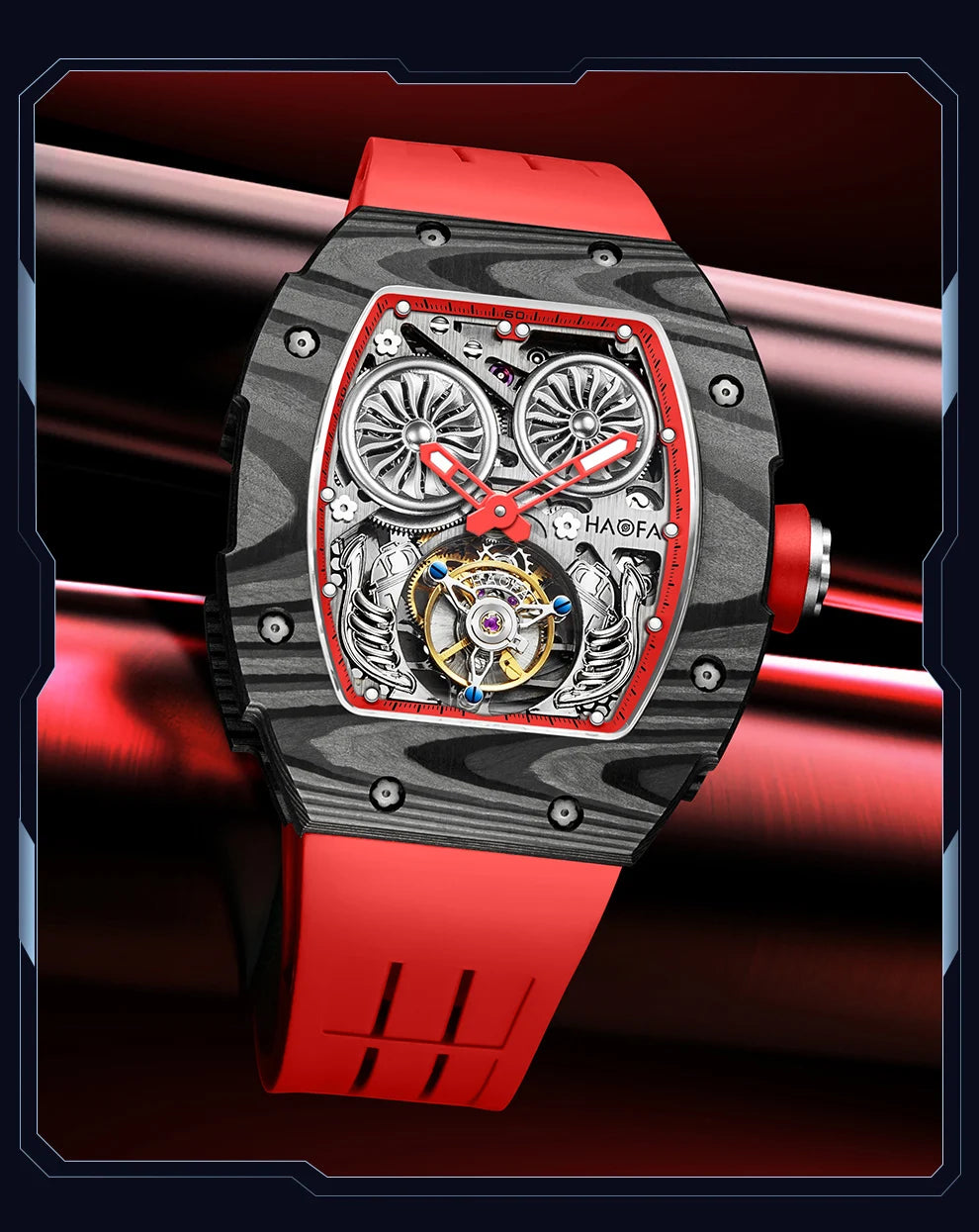 Haofa Carbon Fiber Tourbillon Mens Watch Double Spring Diver Automatic Mechanical Watches for Men Sapphire Luxury Business 1922